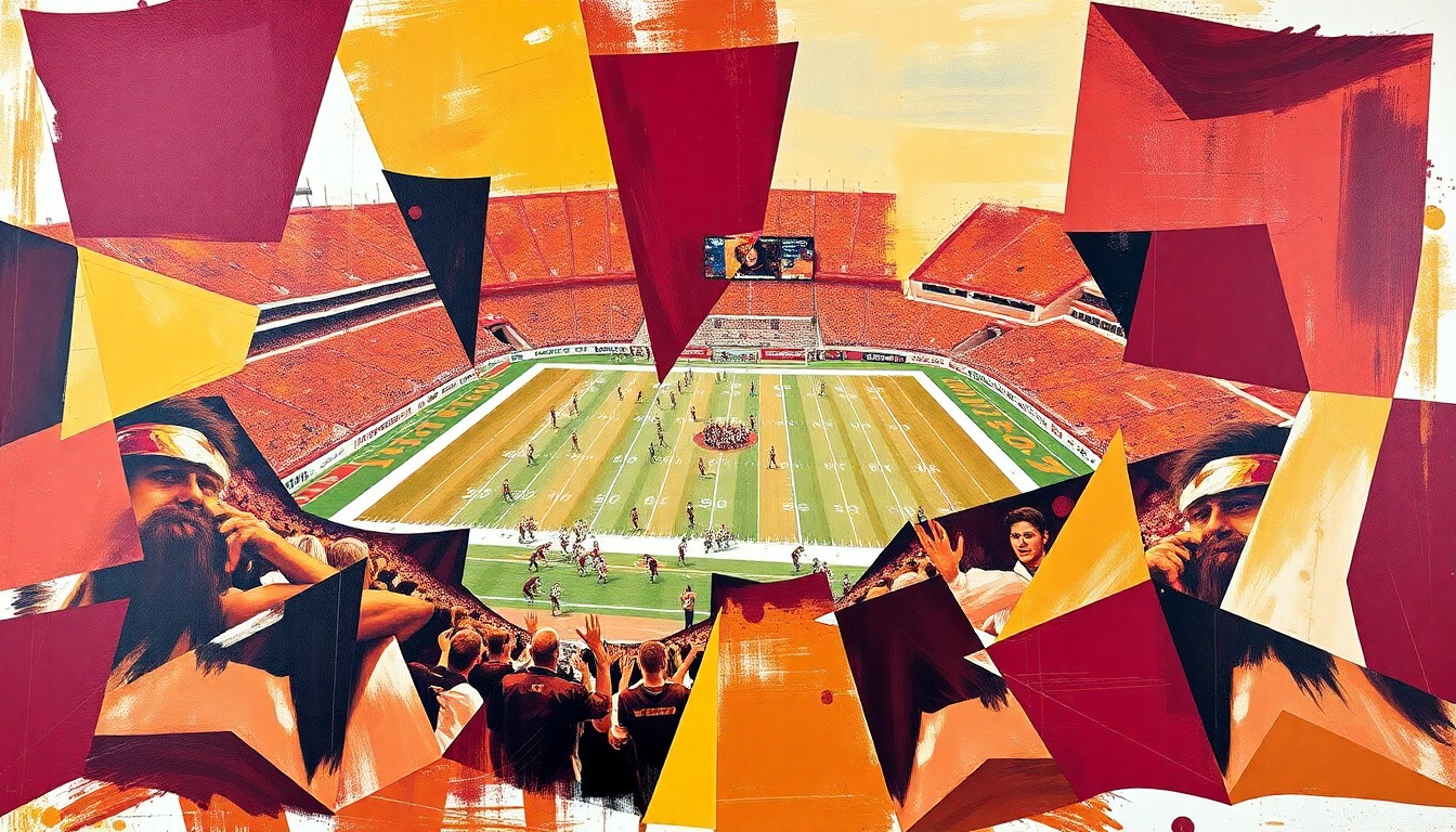 A fragmented, cubist-style painting depicting a Florida State Seminoles football game, with the players and field broken down into sharp, overlapping geometric shapes in the team's garnet and gold colors, conveying the dynamic action of the sport.