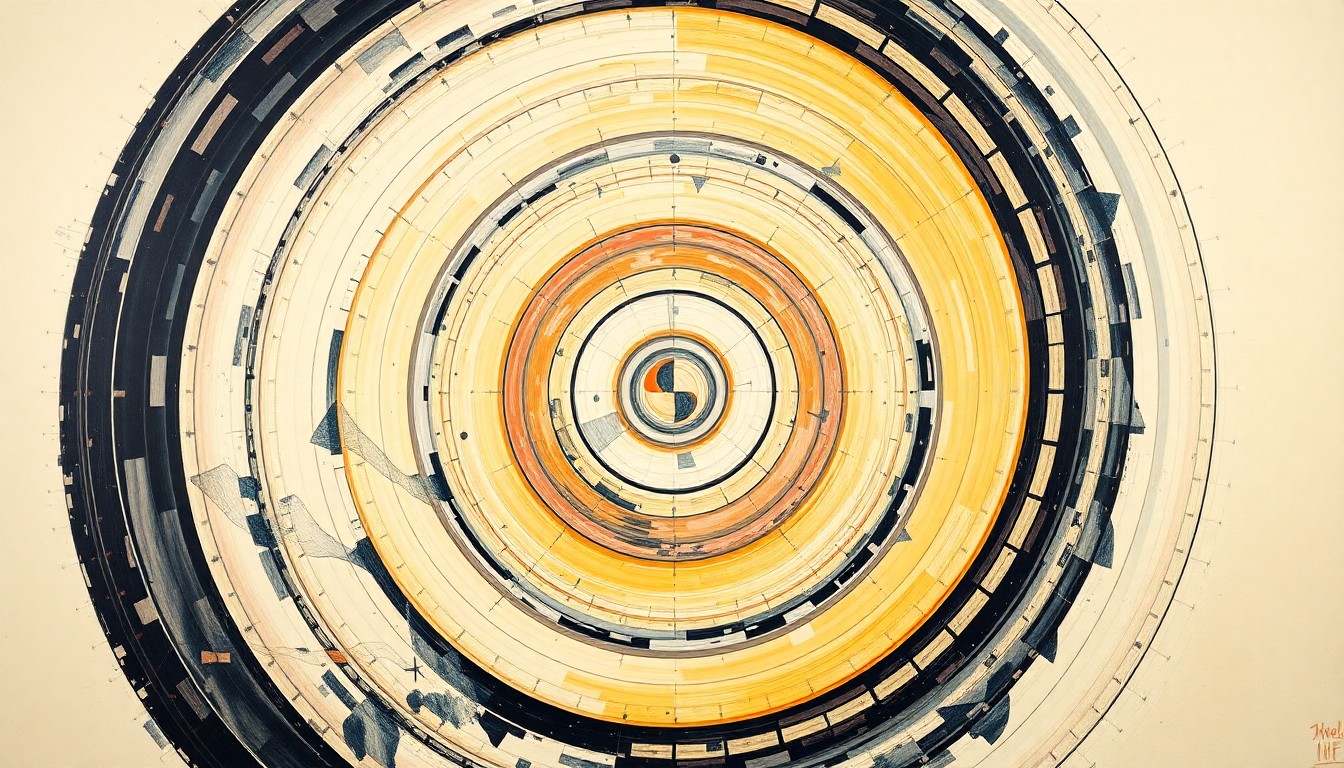 A bold, abstract painting in soft blues, greens, and oranges, featuring sweeping geometric arcs, concentric circles, and precise spirals, conceptually representing the complex forces and concepts of the Artemis II mission to the Moon.