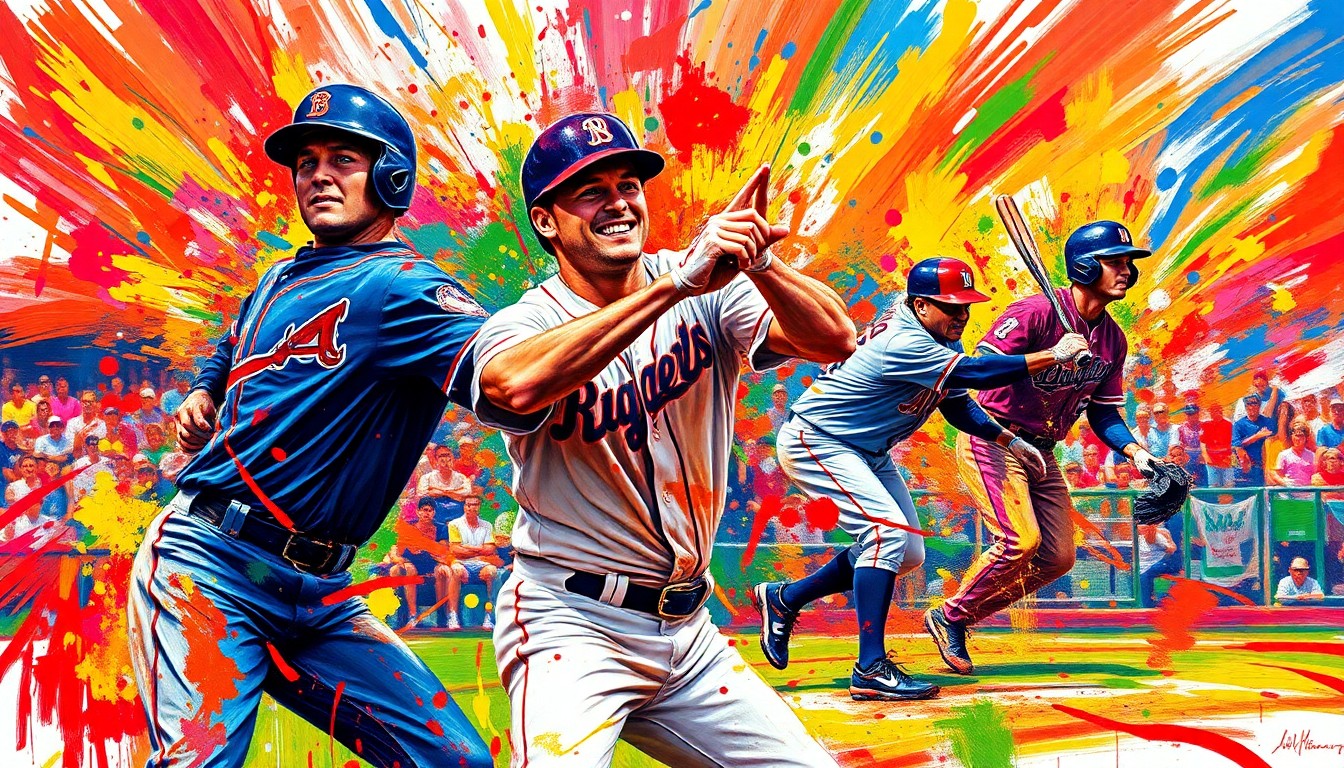 An abstract, expressionist painting in neon colors capturing the dynamic movements and raw energy of a baseball game, with players' forms dissolving into unrecognizable brushstrokes.