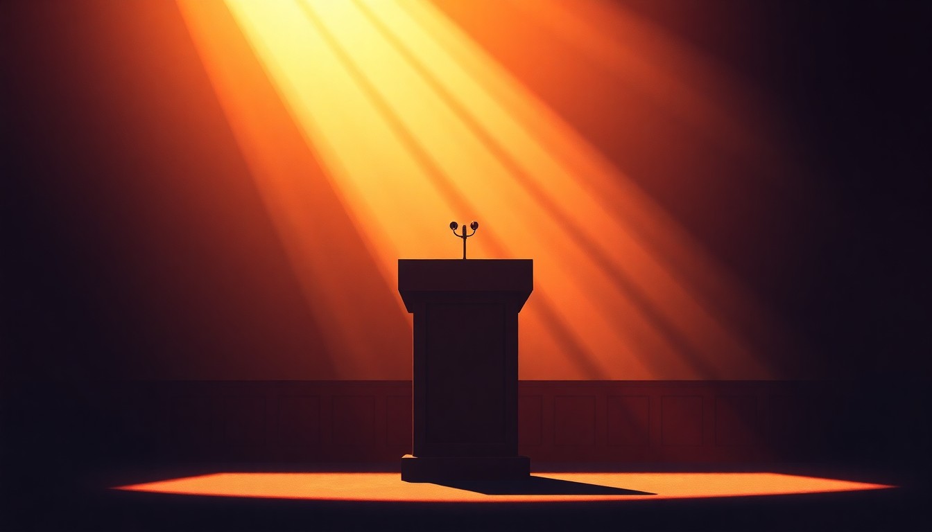 A warm, textured oil painting depicting a solitary political podium or lectern set against a dimly lit, shadowy background, conveying a contemplative and nostalgic mood.