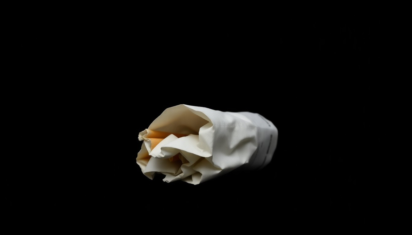 An extreme close-up photograph of a crumpled pack of cigarettes, the harsh flash illuminating the textured surface and creating a stark, gritty visual representation of the illegal tobacco sales targeted in this enforcement operation.