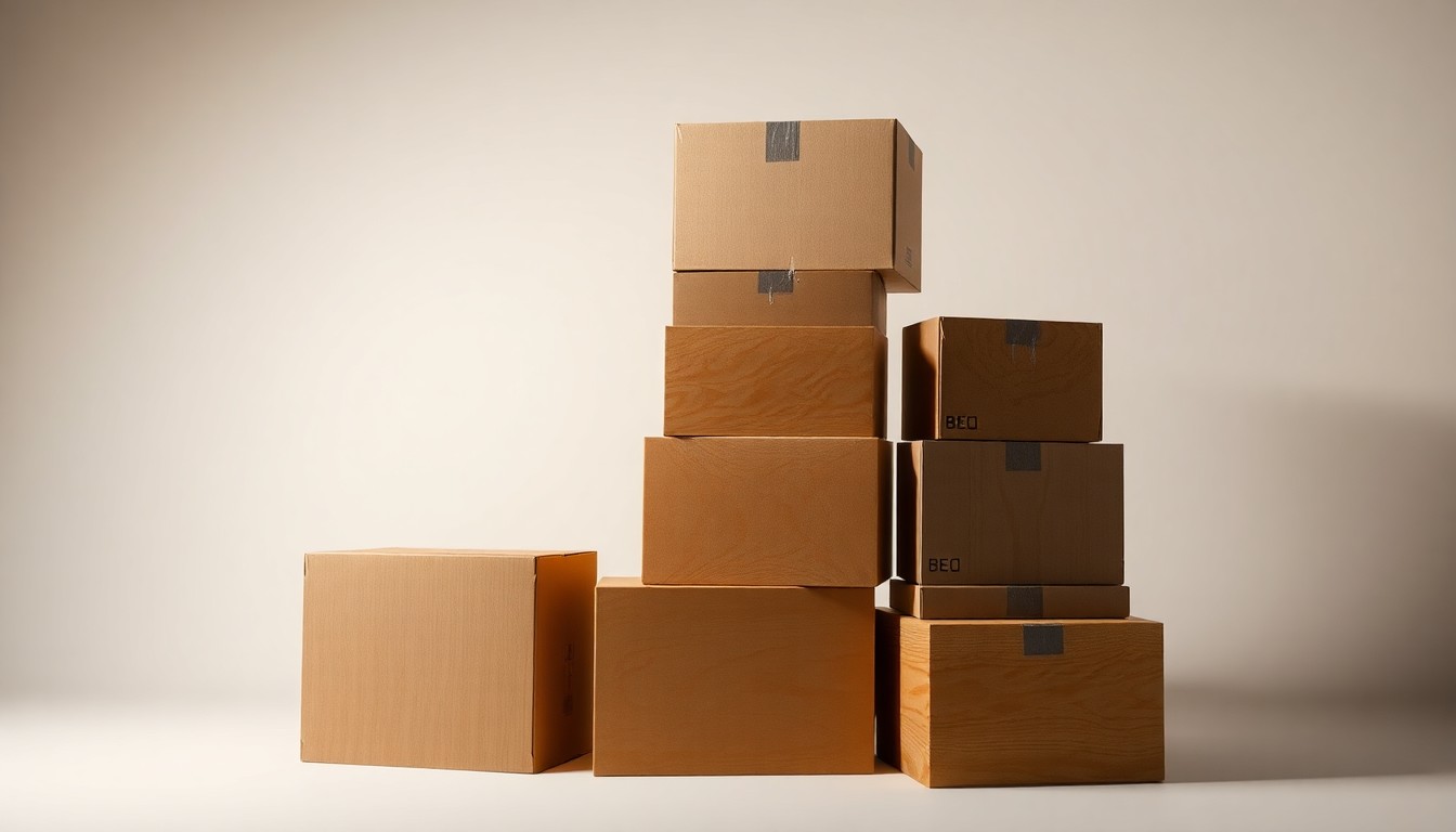 A high-end, photorealistic studio still-life photograph featuring a stack of premium wooden and metal moving boxes arranged elegantly on a clean, monochromatic background, conceptually representing the efficiency, reliability, and professionalism of 6th Man Movers' moving services.
