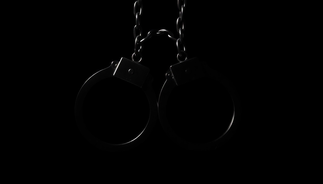 An extreme close-up photograph of a pair of handcuffs against a stark, black background, capturing the gritty, investigative nature of this disturbing case.