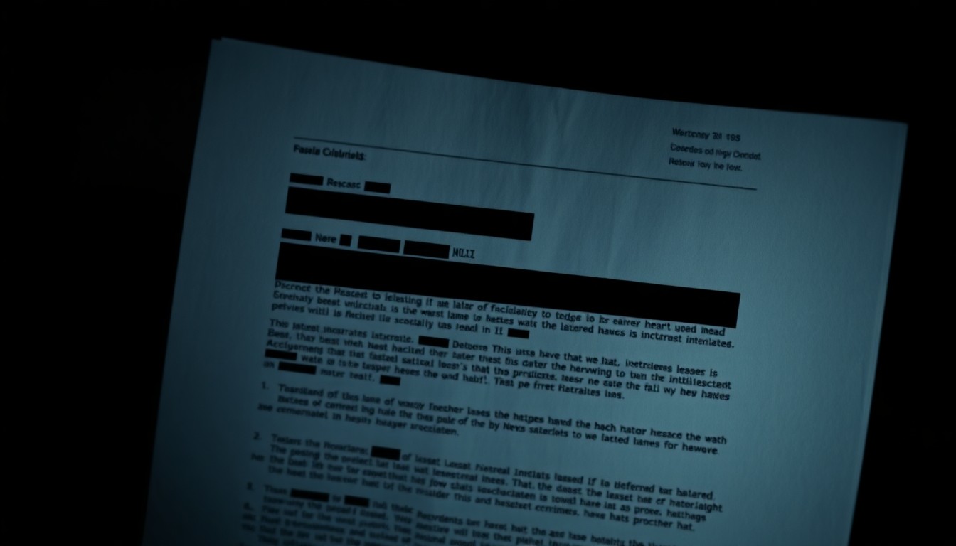 An extreme close-up photograph of a classified military document with redacted text, capturing the stark, gritty, investigative aesthetic of Weegee's photography to illustrate the serious consequences of leaking sensitive national security information.