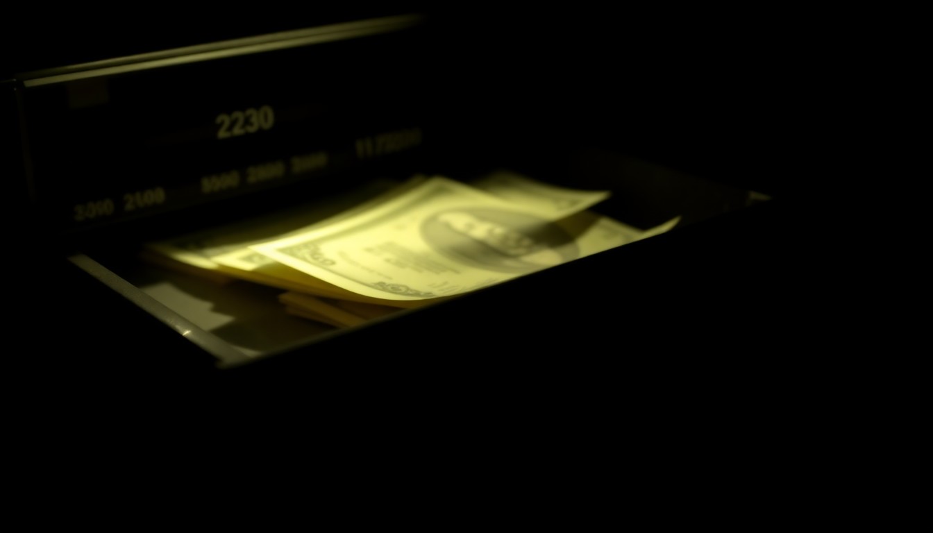 An extreme close-up photograph of a cash register drawer or other crime-related physical evidence object, lit by a harsh, direct camera flash against a pitch-black background, creating a stark, gritty, investigative aesthetic.