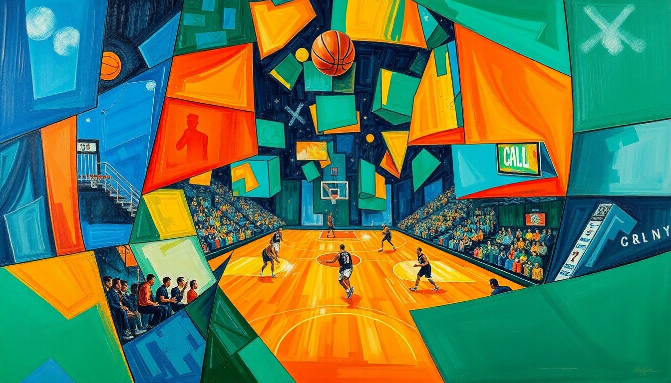 A cubist, geometric painting depicting a basketball game or match, with sharp, overlapping planes of color representing the dynamic movement and energy of the sport.