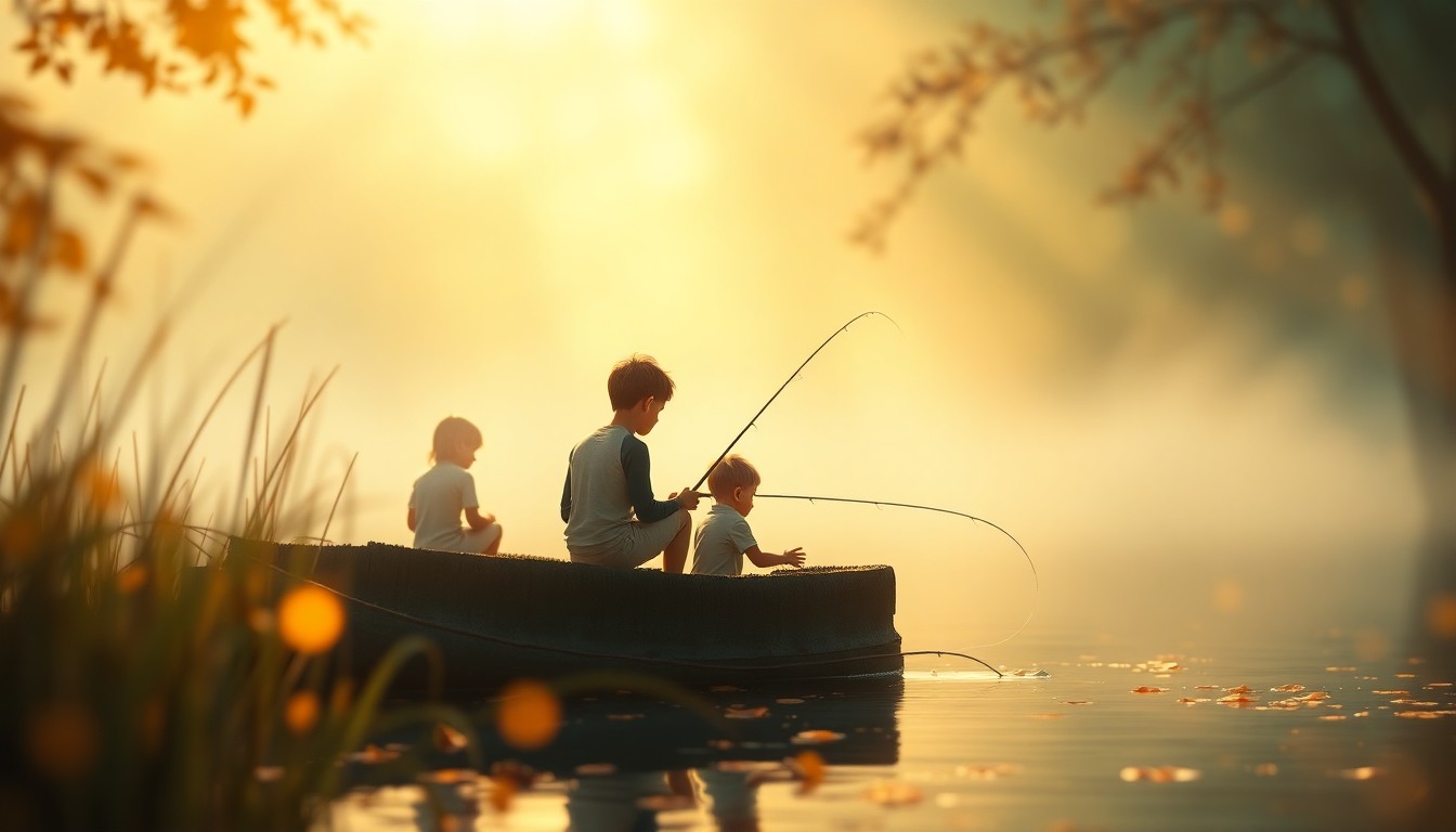 An extremely abstracted, out-of-focus photograph of children fishing in a pond, with soft pools of warm color and light creating a dreamlike, nostalgic atmosphere.