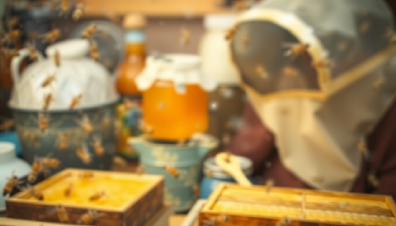 An abstract, soft-focused image of blurred beekeeping tools and equipment, conveying the gentle, educational atmosphere of the upcoming presentations.