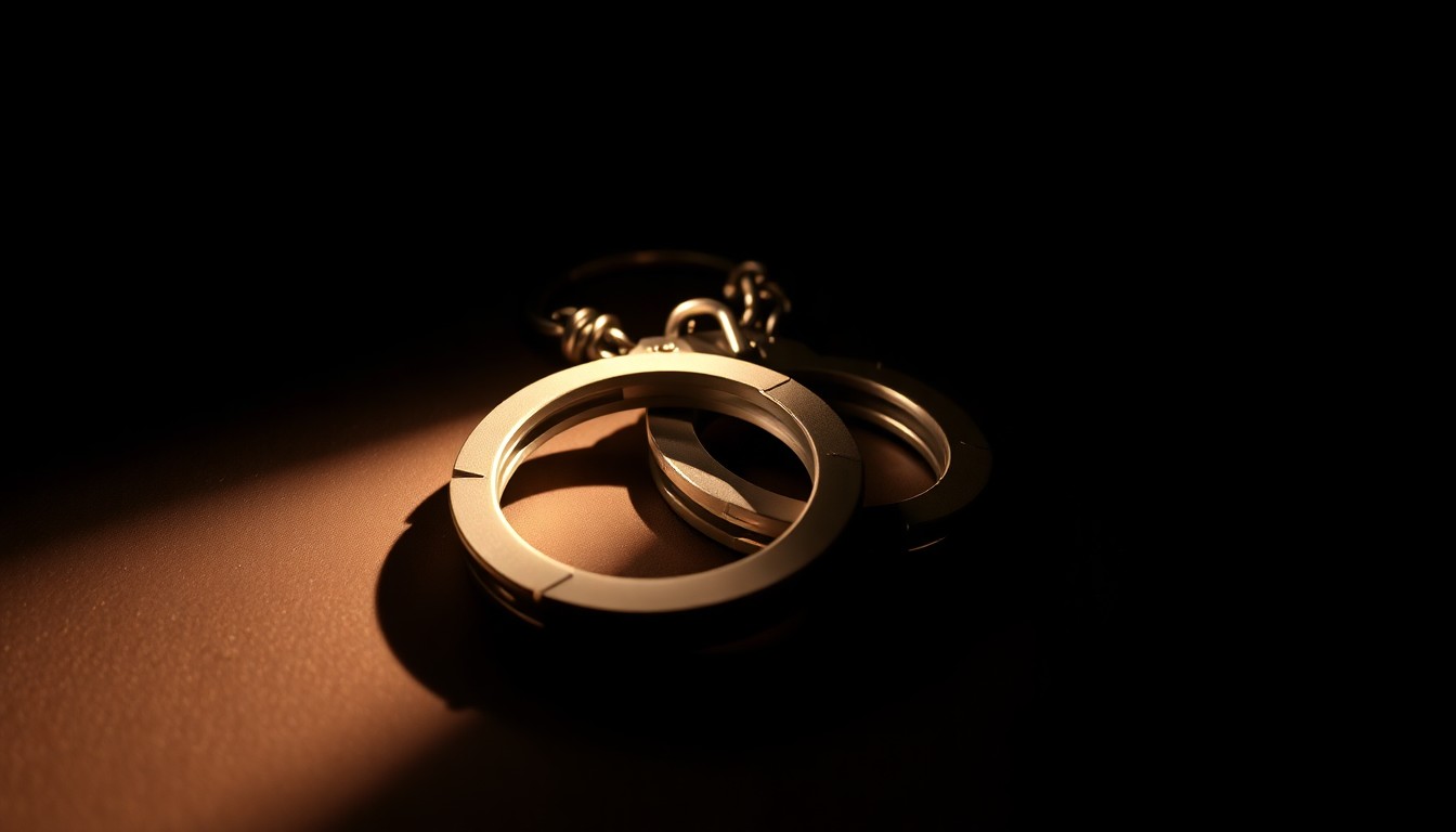 An extreme close-up photograph of a pair of handcuffs lying on a dark surface, lit by a harsh, direct camera flash, conceptually representing the escape of a dangerous criminal from police custody.