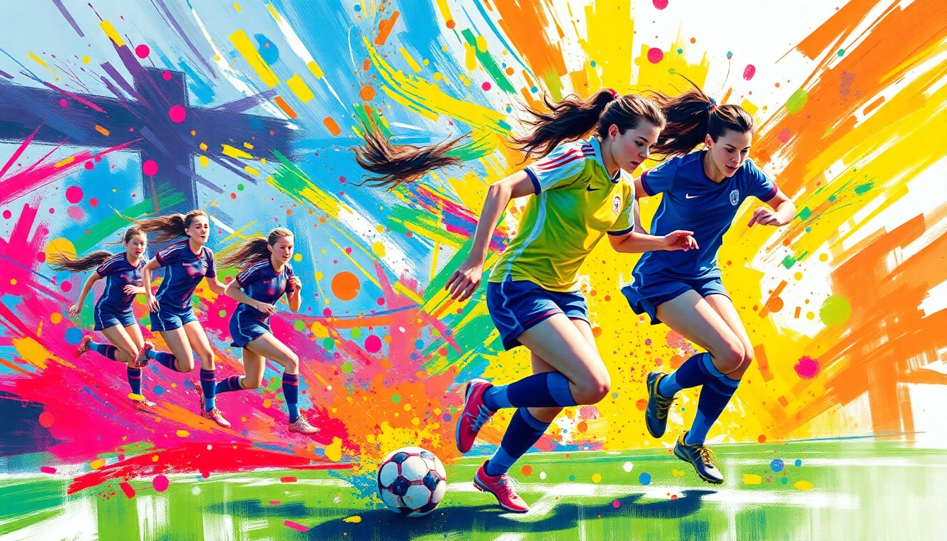 A vibrant, expressionist painting depicting the dynamic movement and raw athletic energy of a high school girls' soccer match, with players' figures dissolving into unrecognizable splatters of neon colors.