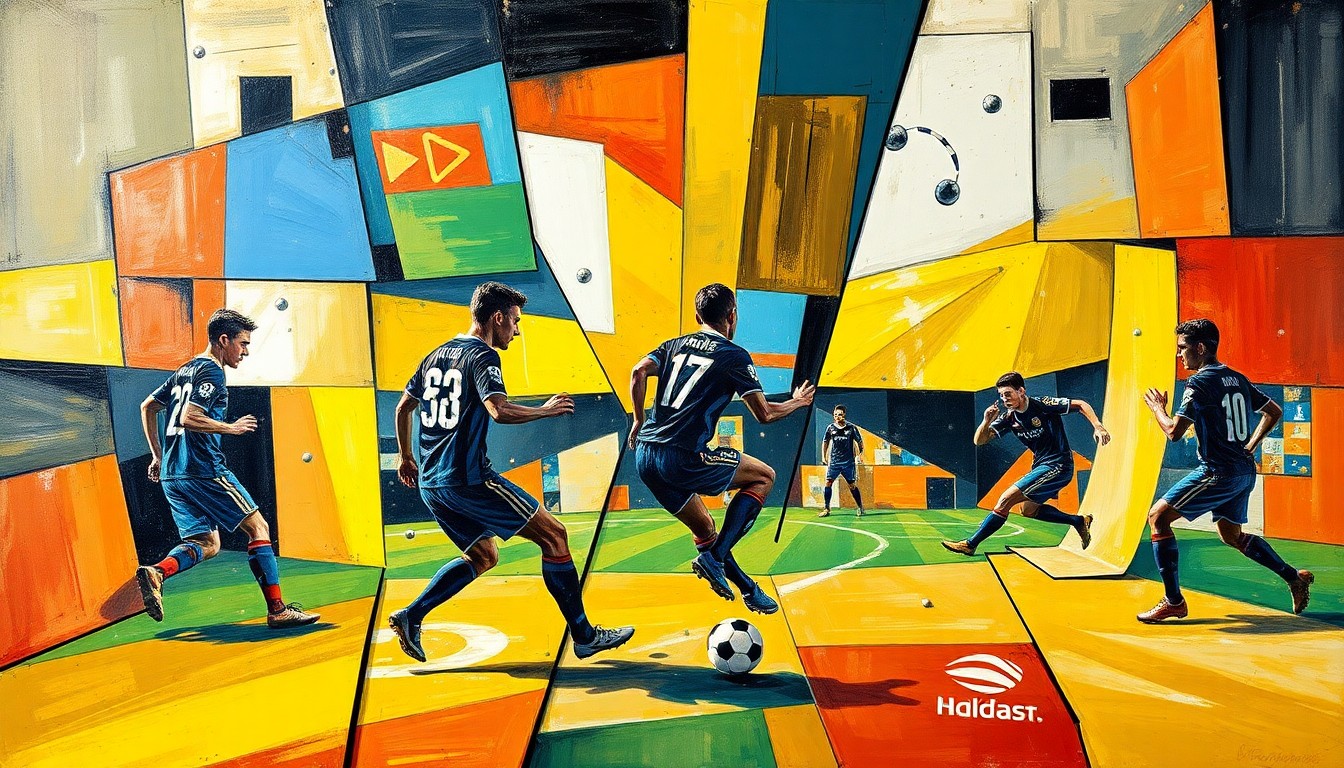 A cubist-style painting depicting a soccer match or competition, with the players and field broken down into sharp, overlapping geometric shapes and planes in a range of vibrant colors, conveying the competitive divide between MLS youth talent and global prodigies.