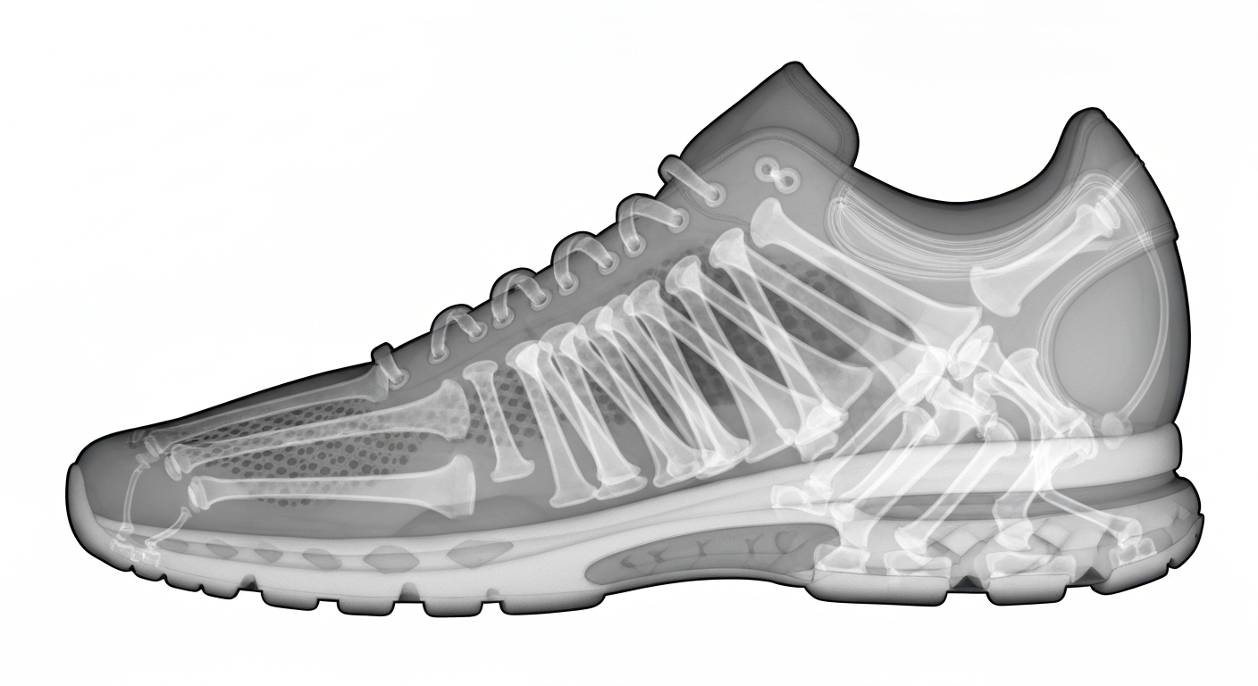 A ghostly, translucent X-ray photograph revealing the intricate internal structure of a running shoe, symbolizing the physical and emotional journey of cancer patients.