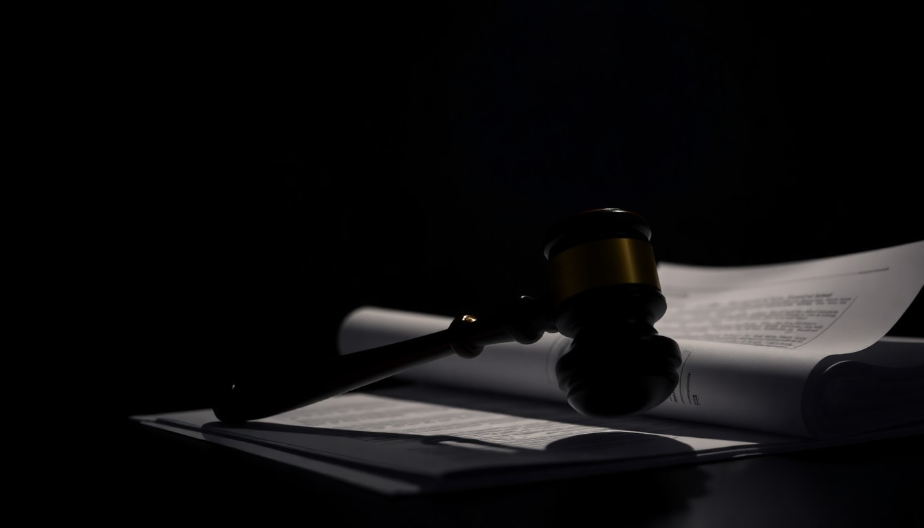 An extreme close-up of a gavel and legal documents, lit by a harsh flash against a dark background, conveying the serious, investigative nature of criminal defense work.