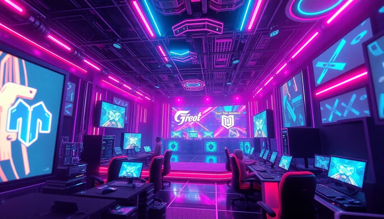 A highly detailed, glowing 3D macro illustration of a digital gaming tournament arena, with neon cyan and magenta lights illuminating the futuristic hardware and infrastructure, conveying a sense of energy, competition, and community.