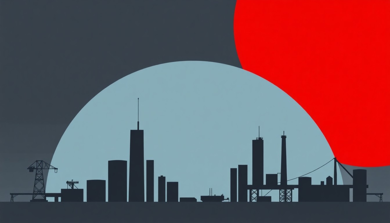 An abstract illustration featuring overlapping geometric shapes in shades of dark gray, blue, and red, conveying the turbulent impact of the Iran conflict on energy markets and the Chicago region.
