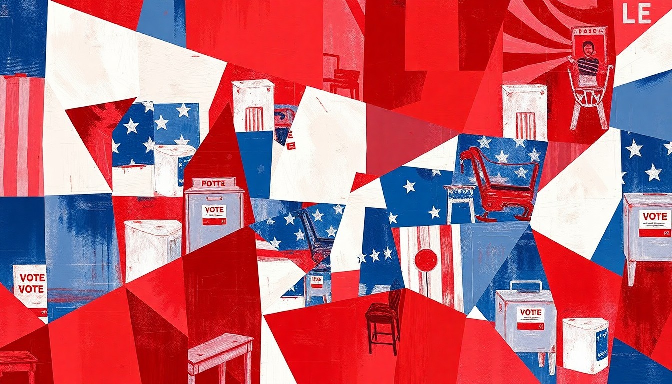 A vibrant, fragmented painting in red, white, and blue depicting an overlapping pattern of voting booths, ballot boxes, and other political symbols, conveying the complex and contentious nature of the issues surrounding birthright citizenship and foreign election interference.