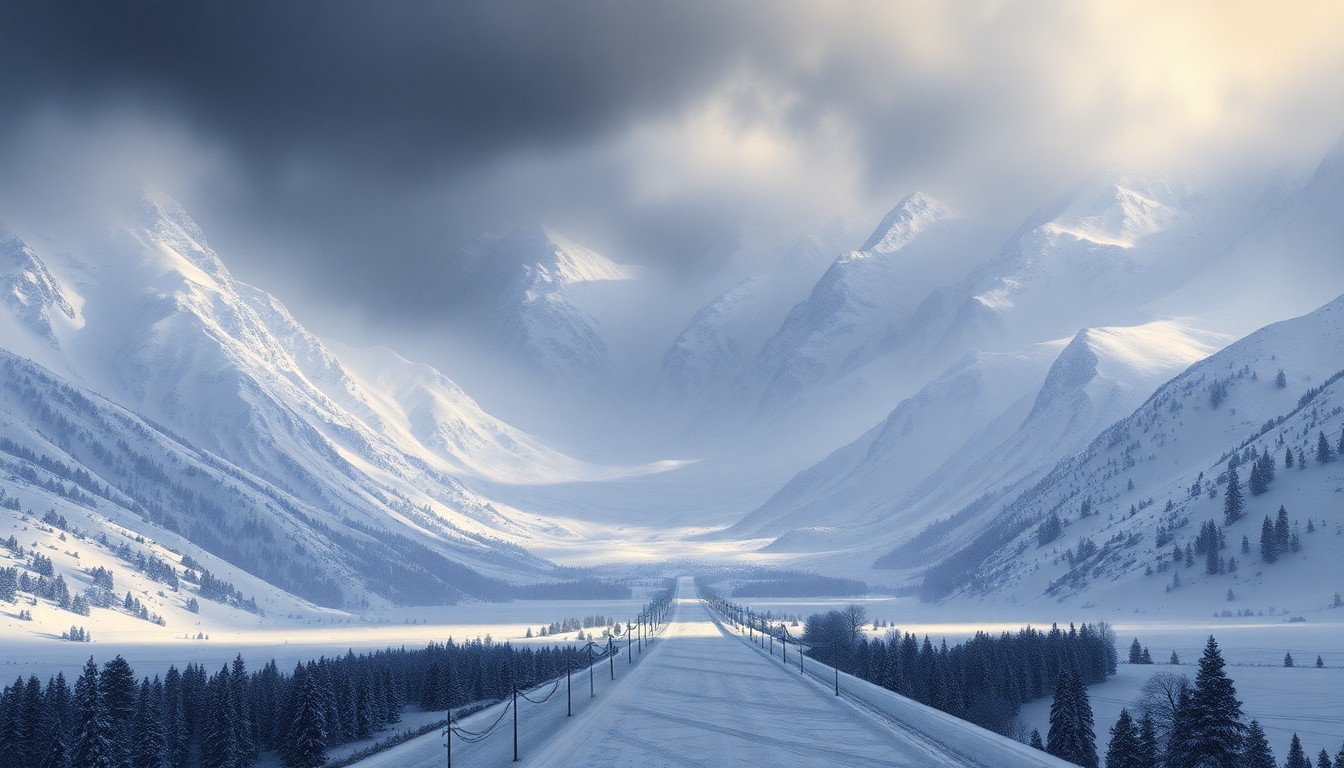 A vast, atmospheric landscape painting depicting the towering, snow-capped peaks of the Sierra Nevada mountains, with the winding roads and valleys below obscured by heavy snowfall and dramatic lighting, conveying the overwhelming power of the impending winter storm.