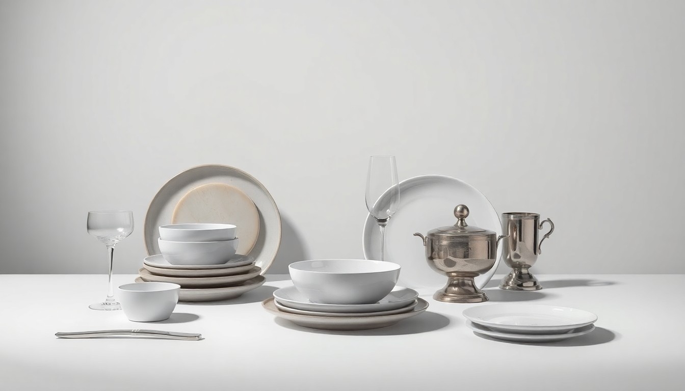A high-end, photorealistic studio still-life photograph featuring a carefully arranged composition of premium ceramic plates, glassware, and metallic serving pieces set against a clean, monochromatic background, conveying a sense of quality, craftsmanship, and timeless design.