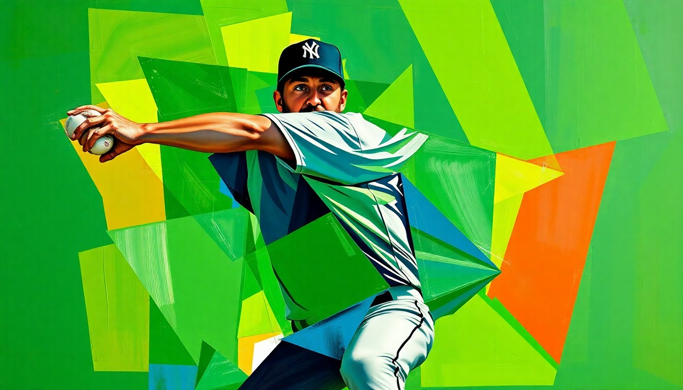 A fragmented, geometric painting depicting the motion of a baseball pitcher, with sharp planes of green, blue, and orange hues, conveying the raw energy and movement of the game.