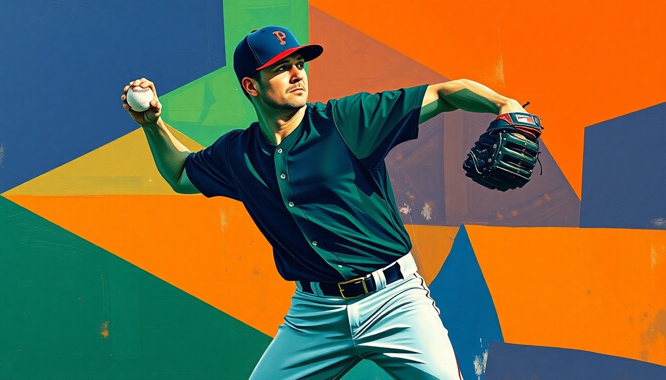 A fragmented, geometric painting depicting the various angles and movements of a baseball pitcher's delivery, rendered in a bold, abstract style that captures the raw energy and potential of the White Sox's top pitching prospect.