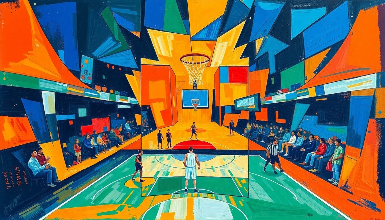 A cubist-style painting depicting the fragmented movements and energy of a basketball game, with sharp geometric shapes in bold colors representing the action on the court.