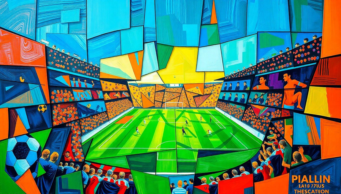 A cubist, geometric painting depicting a fragmented soccer match or tournament scene, with overlapping planes of vibrant colors like blue, green, and orange, conceptually representing the complex logistical challenges faced by fans attending the 2026 World Cup.