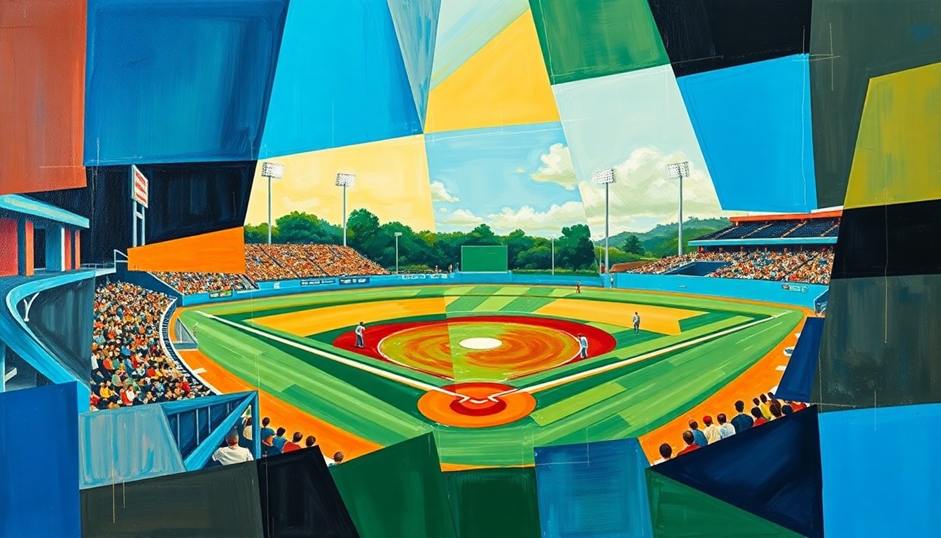 A cubist, geometric painting depicting a high school baseball game, with the players and field broken down into overlapping planes of deep blue, forest green, and burnt orange, conveying the raw energy and potential of the sport.