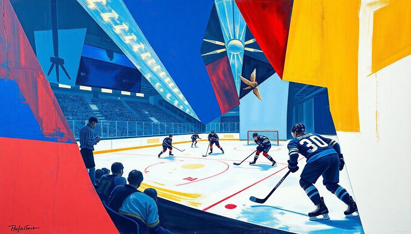 A cubist, geometric painting depicting the chaotic action of a hockey game, with overlapping planes of color and shape representing the players, puck, and arena.