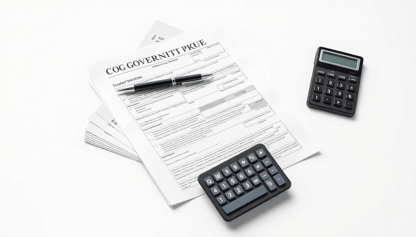 A photorealistic studio still life featuring a stack of government documents, a pen, and a calculator arranged on a clean white background, symbolizing the careful administrative work required to deliver disaster relief programs.