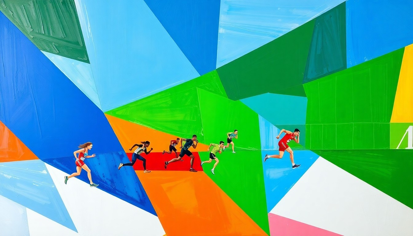 A cubist, geometric painting depicting the various athletic events of the Bellingham Traverse relay race, including sea kayaking, road biking, trail running, and mountain biking, all rendered in a fractured, multi-perspective style.