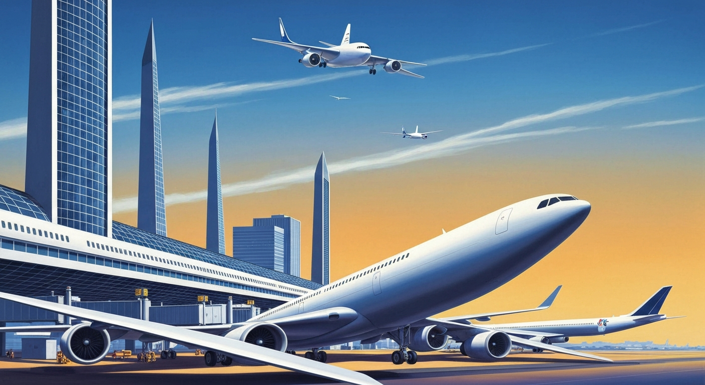 A bold, geometric illustration in the Art Deco style, featuring a sweeping, airbrushed gradient backdrop and a towering, streamlined airport terminal or aircraft in the foreground, capturing the grand scale and romance of air travel without any literal depictions of people or text.