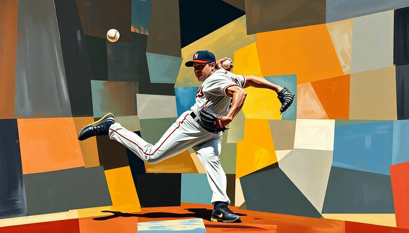 A fragmented, geometric painting depicting a baseball pitcher's delivery and the sharp, angular movement of a slider pitch breaking in an unconventional direction.