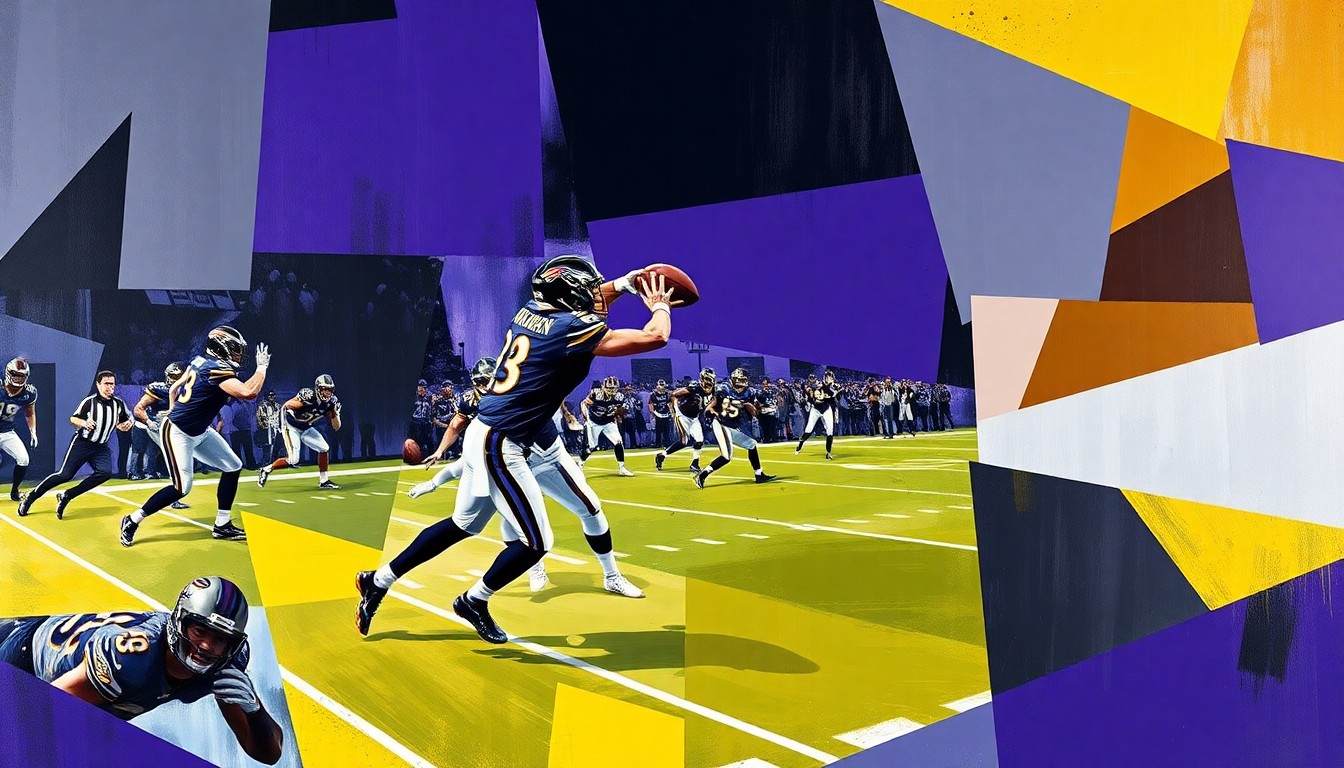 A fragmented, geometric painting depicting a football player in motion, with sharp, overlapping shapes in the Ravens' team colors of purple, black, and gold, conceptually representing the team's complex quarterback situation.