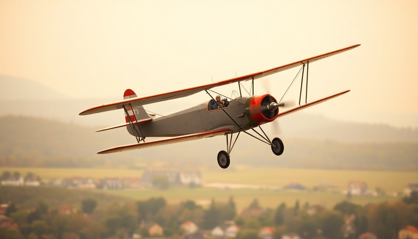 An extremely abstracted, out-of-focus photograph in soft pools of warm color and light, depicting the blurred silhouette of a vintage biplane in flight over a small New England town.