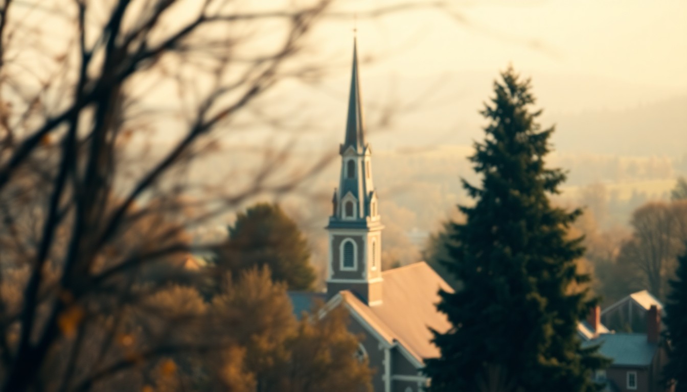 An impressionistic, out-of-focus photograph of a small-town church steeple surrounded by blurred trees and buildings, conveying a sense of community and quiet reflection.