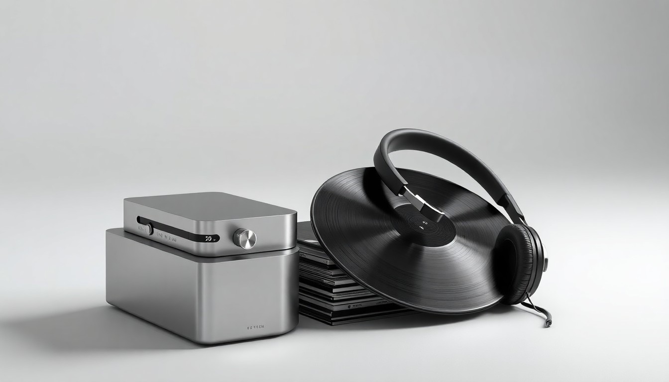 A minimalist studio still life photograph featuring sleek, premium music industry objects like a streaming device, vinyl records, and headphones, symbolizing the strategic and financial implications of Pershing Square's proposed acquisition of Universal Music Group.