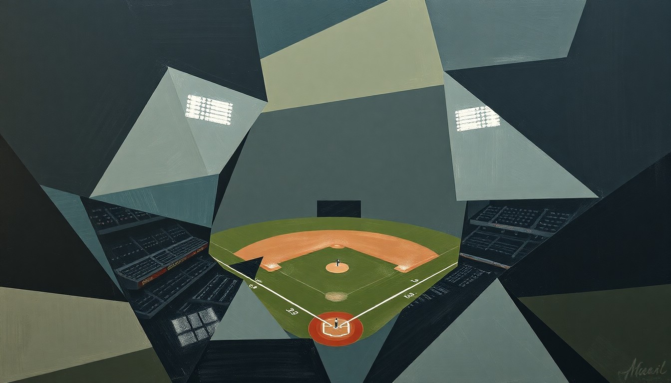 A fractured, geometric painting in muted navy, gray, and olive green tones, breaking down a baseball game into sharp, overlapping planes and shapes, conveying the tension and frustration of the Yankees' one-hit performance.