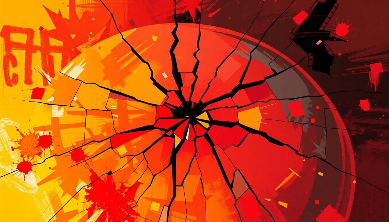 A fractured, abstract painting depicting a damaged car sensor in shades of red, orange, and yellow, conveying the chaotic energy of political conflict.