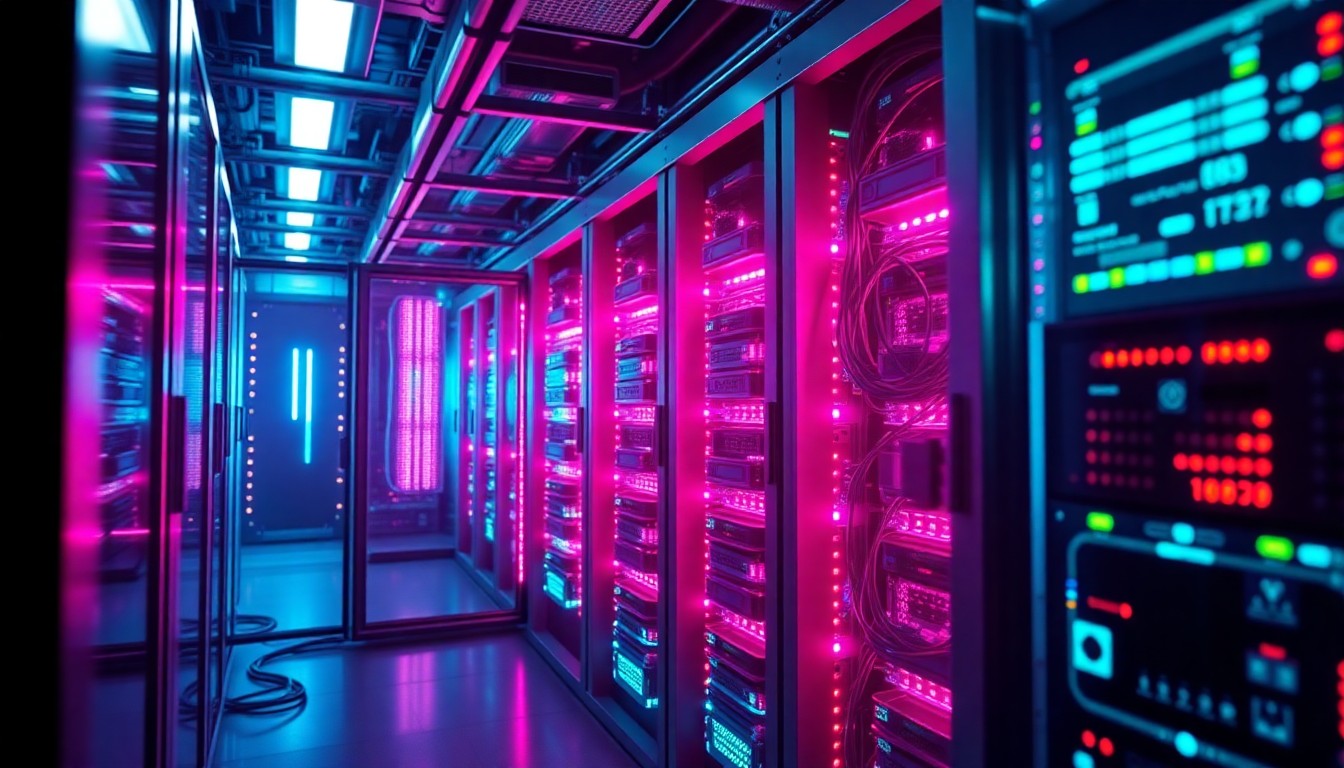 A highly detailed, glowing 3D illustration of a futuristic data center server rack, with neon cyan and magenta lights illuminating the complex circuitry and components, conceptually representing the advanced, high-tech infrastructure powering cloud computing and the vulnerabilities of such critical systems in conflict zones.