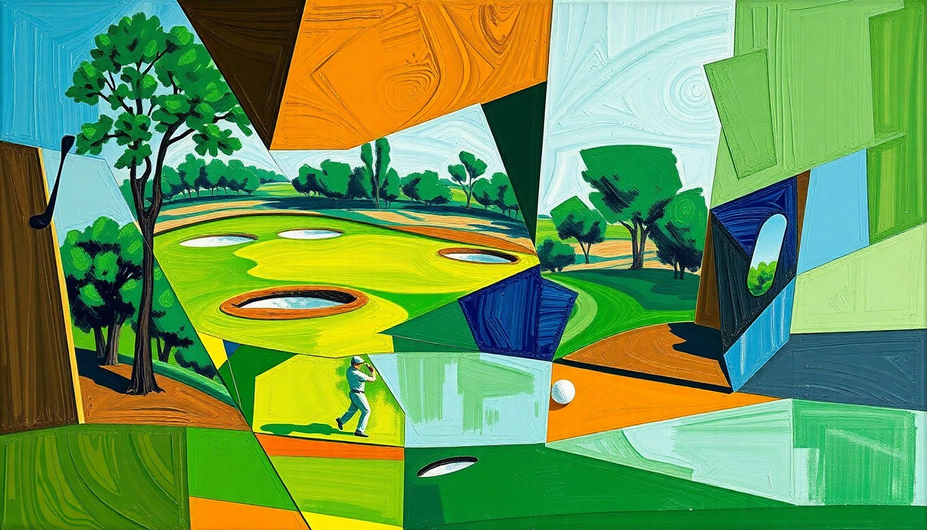 A fragmented, geometric painting in the style of Pablo Picasso, with sharp angles and overlapping planes of color representing the dynamic motion and competition of a golf tournament.