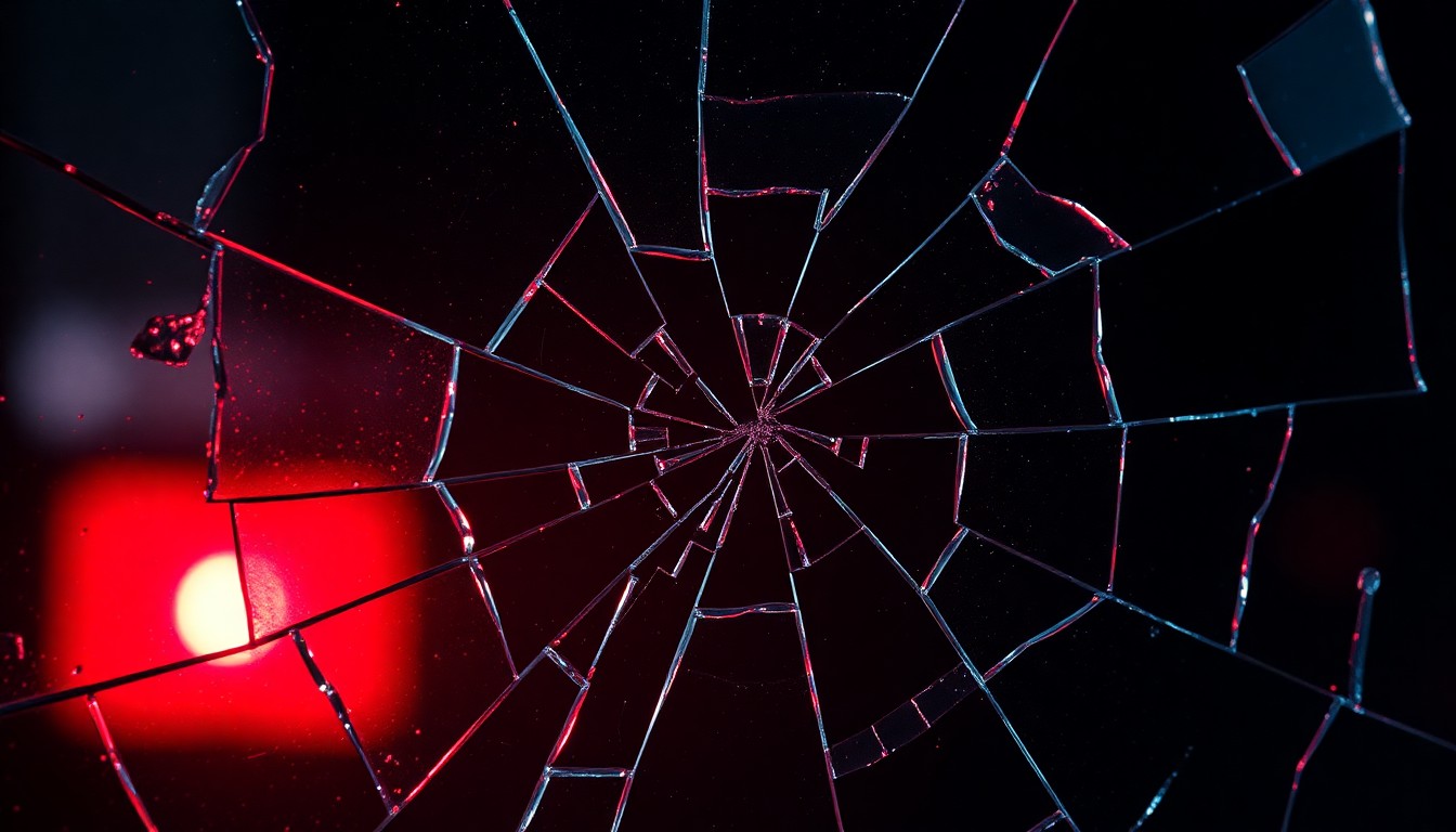 An abstract close-up photograph of shattered glass reflecting a faint red light, conveying a sense of fractured relationships and tensions behind the scenes of a popular television show.