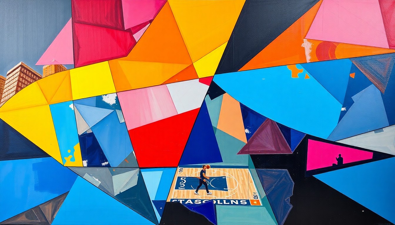 A cubist, geometric painting depicting a fragmented, multi-angled view of a WNBA basketball game, with the sharp planes and shapes representing the emotional complexity of a star player adjusting to a new team and city.