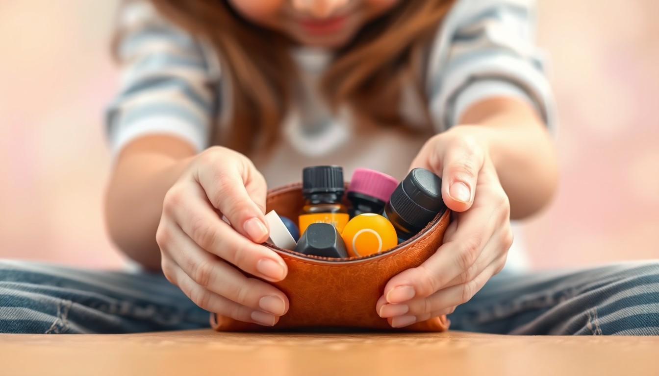 An abstract, out-of-focus photograph showing the hands of a young person reaching into a small leather pouch, conceptually representing the discreet use of calming tools to manage anxiety in the workplace.