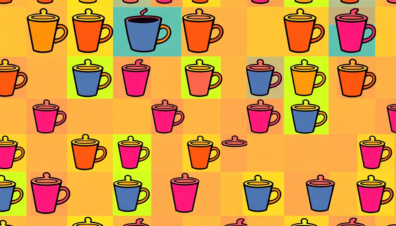 A bold, colorful silkscreen-style illustration of a coffee cup icon repeated in a grid, conceptually representing the controversy over a local business's decision to remove Pride symbols.