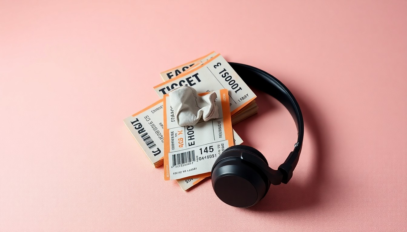 A photorealistic studio still life featuring a stack of concert tickets, a crumpled ticket stub, and a pair of broken headphones, symbolizing the corporate forces and market dynamics at play in the live entertainment industry.