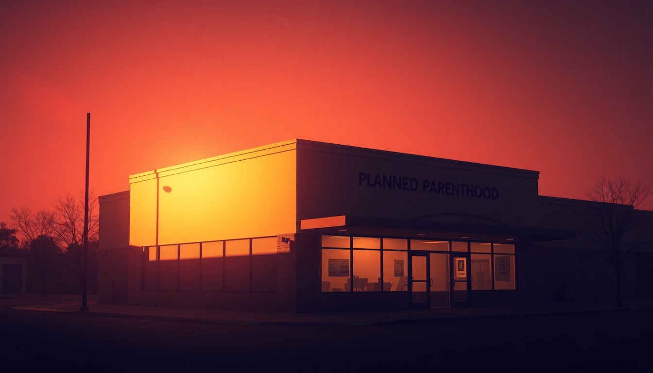 A photorealistic painting of a Planned Parenthood clinic building in warm, golden light, with deep shadows creating a contemplative, cinematic mood about the organization's role and impact on women's healthcare.