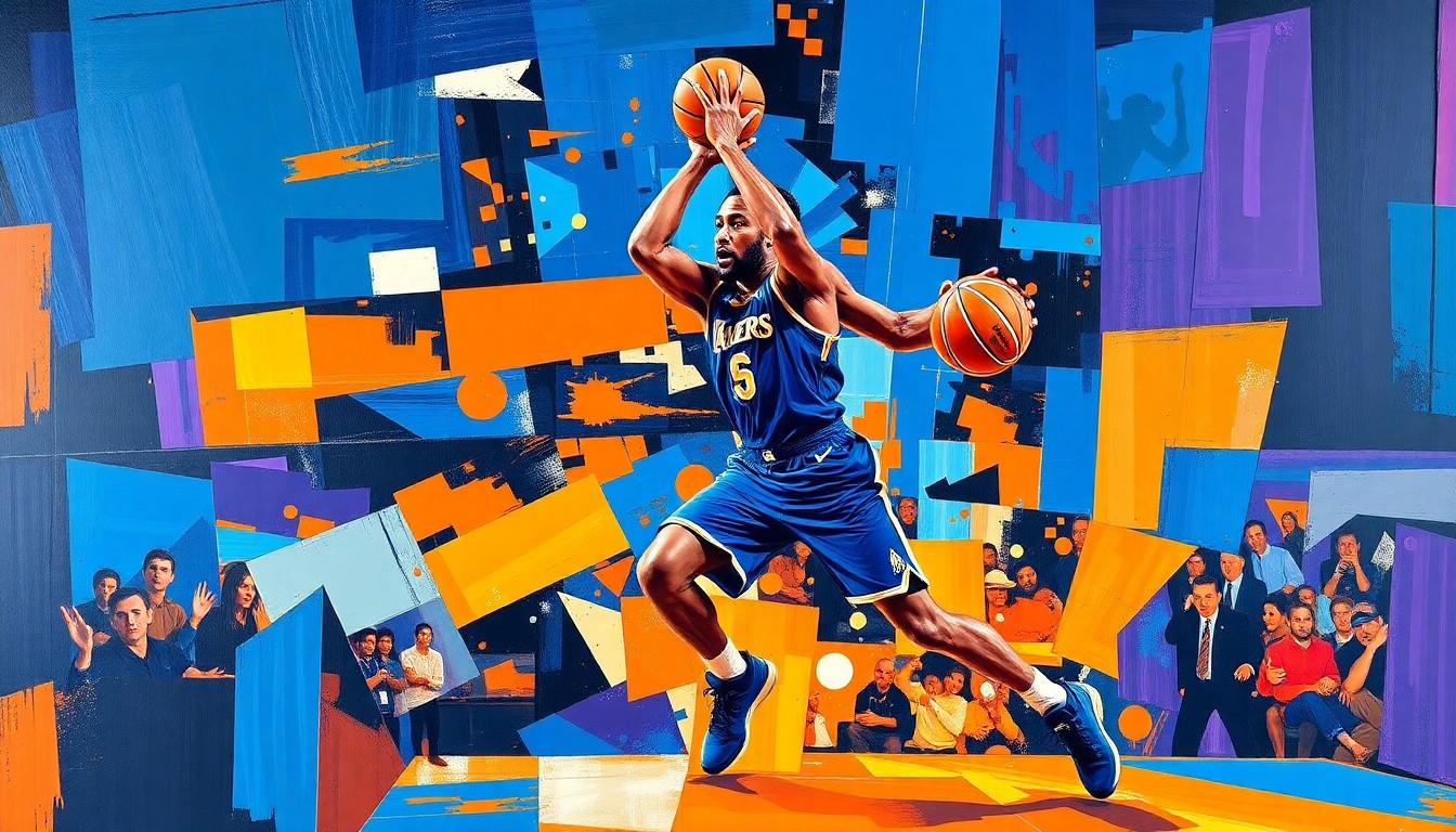 A fractured, cubist-style painting depicting the intense movements and energy of a basketball player on the court, with sharp geometric shapes and vibrant colors conveying the high stakes of the playoffs.