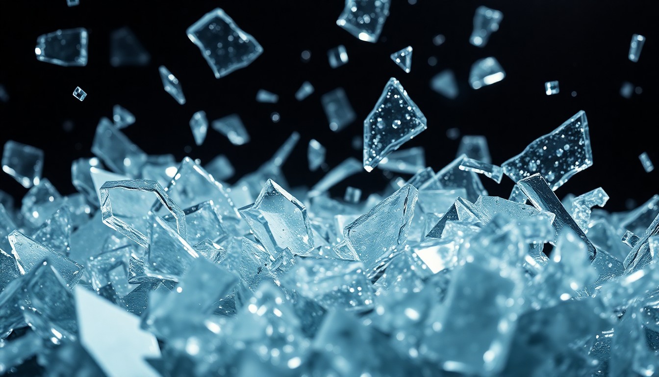 An abstract close-up photograph of shattered, glittering glass shards in high-contrast studio lighting, conceptually representing the dramatic shifts behind the scenes of the 'Euphoria' TV series.