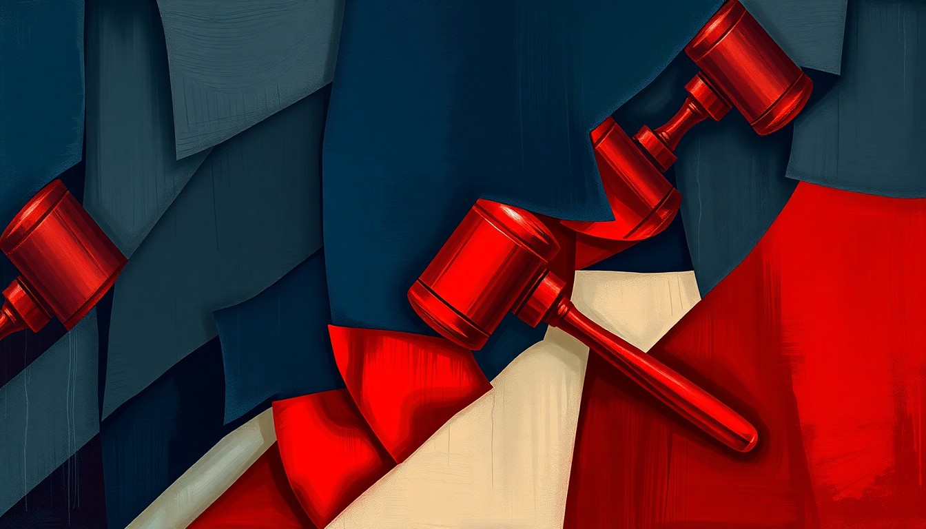 A dynamic, fragmented painting featuring a political symbol repeated in overlapping geometric patterns of dark blue, gray, and red, evoking a sense of political tension and division.