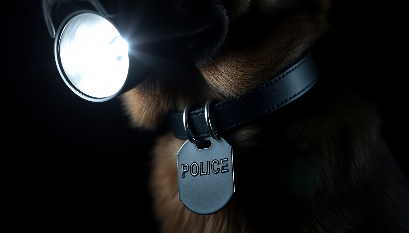 An extreme close-up photograph of a police K-9's collar and tag, lit by a harsh, direct camera flash against a pitch-black background, conveying the serious and investigative nature of the K-9 unit's work.